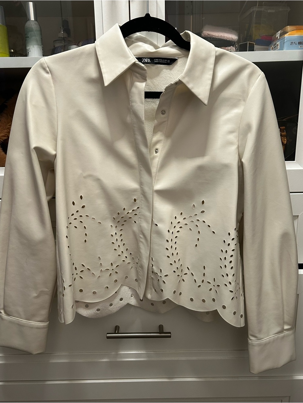 Zara Cream Button-Front Faux-Leather Shirt Jacket